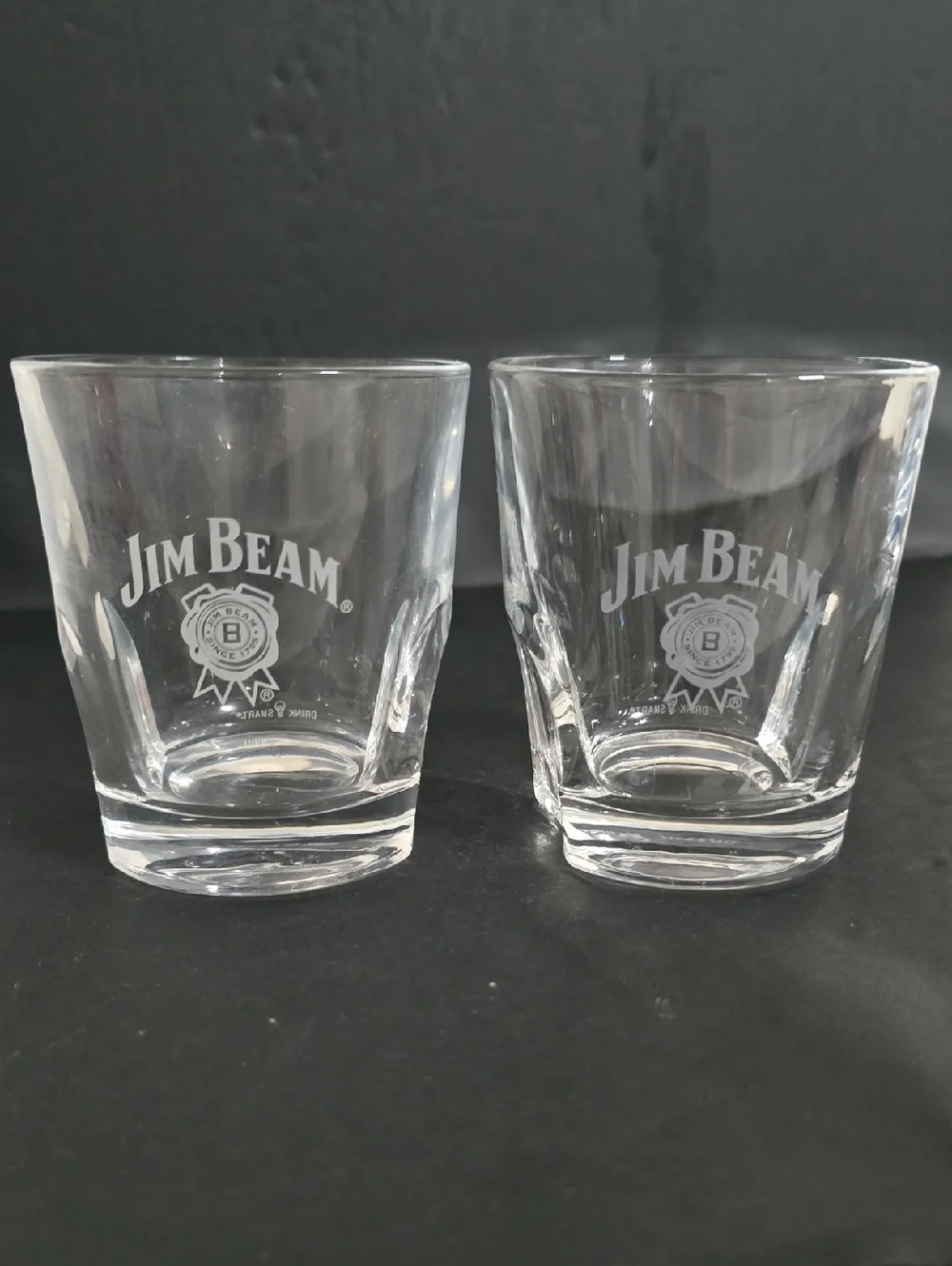 Pair of Jim Beam Etched Whiskey Glasses with Pinched Base